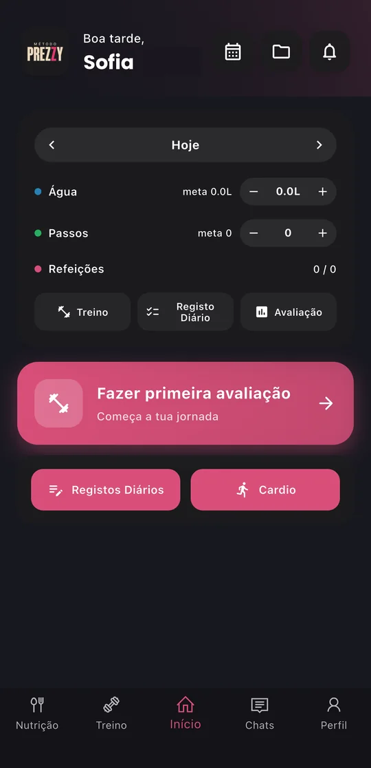 Ecrã inicial da app com registo de água, passos e refeições