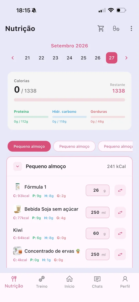 Ecrã de nutrição com calorias, macros e refeições do dia